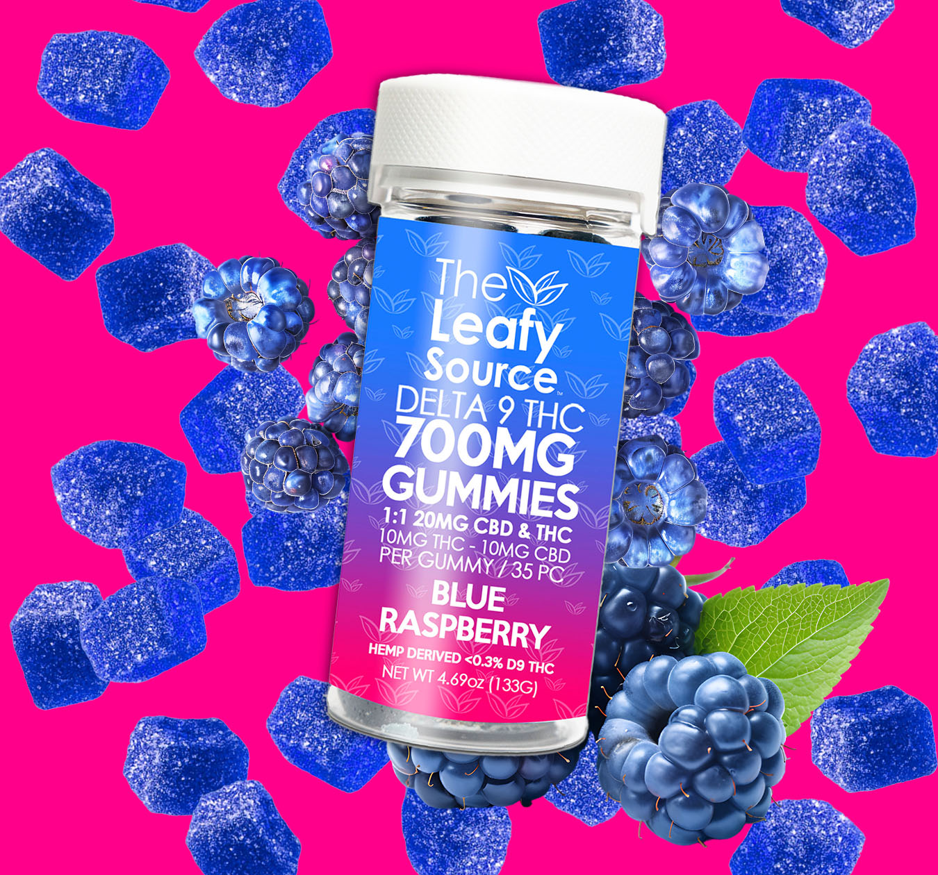 The Leafy Source_CBD and THC Delta 9 Blue Raspberry Gummies